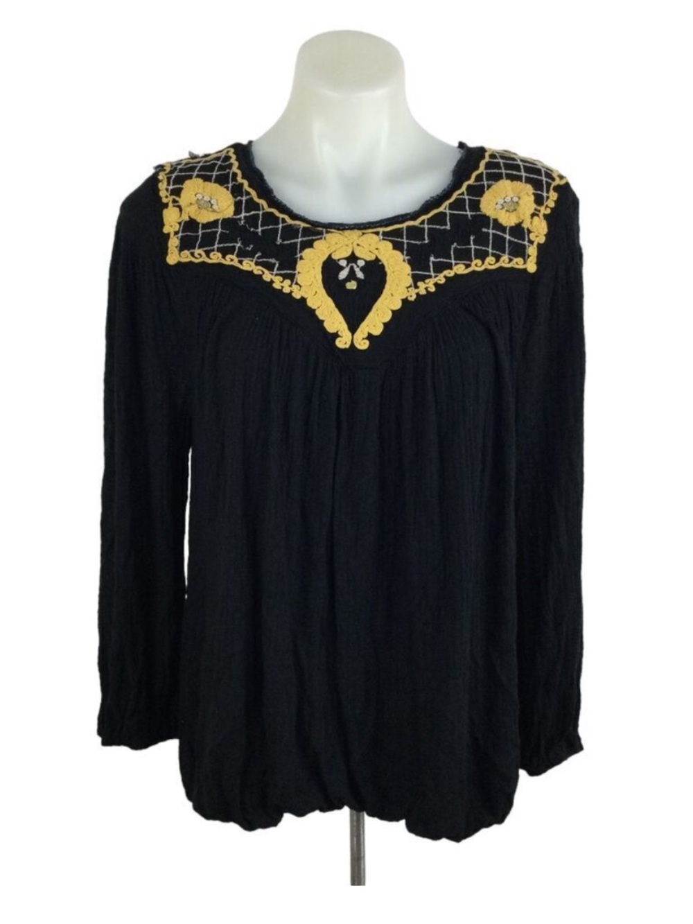 Free People Womens Begonia Embroidered Smocked Knit Pullover Blouse Top Black M